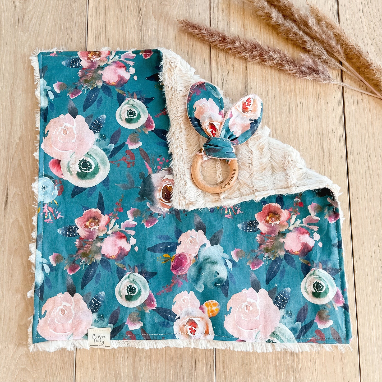 Jade Flowers and Feathers Lovey & Teething Ring