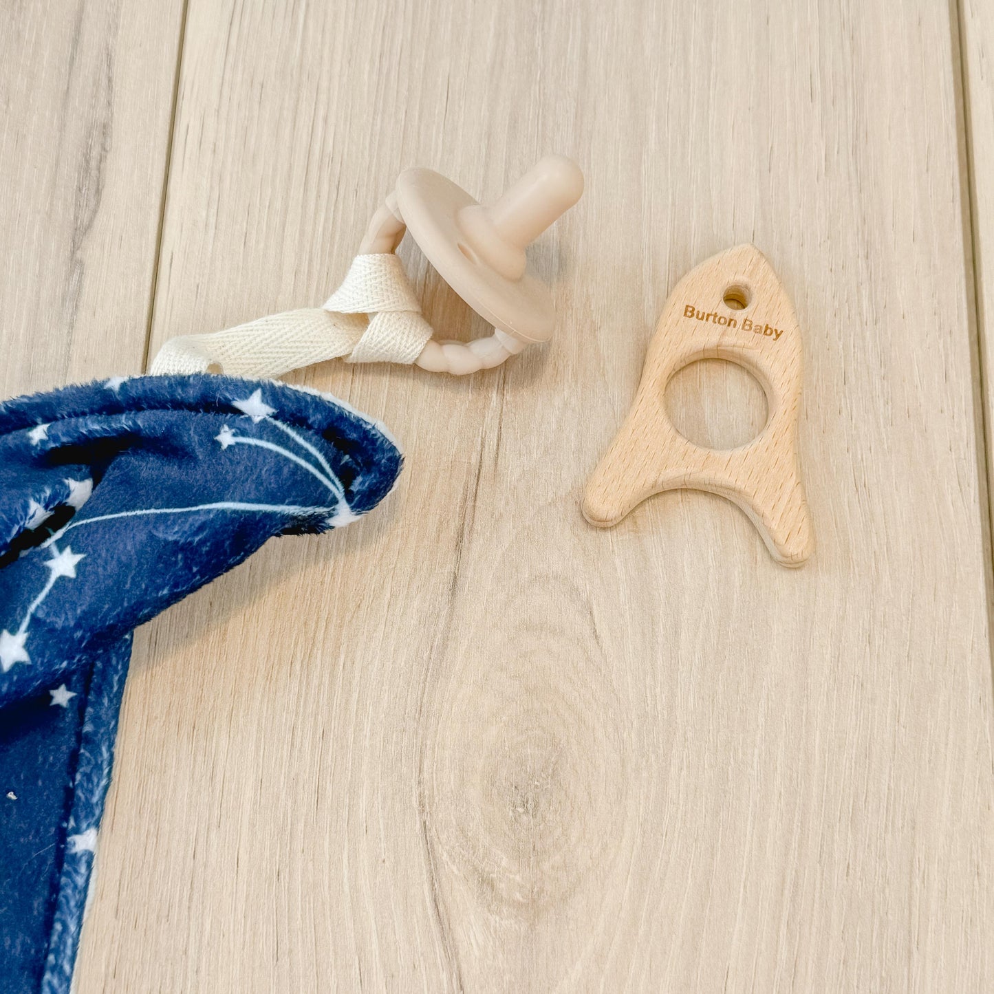 Starry Sky Minky Lovey and Rocket Ship Wood Ring